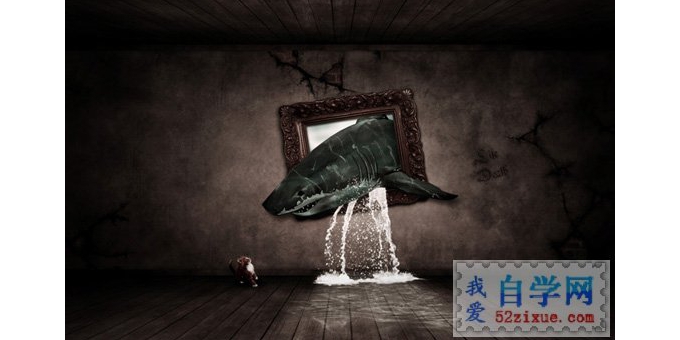 Photoshop合成一条逃离相框的鲨鱼