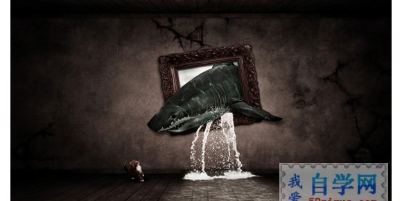 Photoshop合成一条逃离相框的鲨鱼